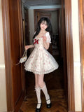 Sweet bow Dress Women V Neck Kawaii Lace Trim Mini Dress New French  Floral A-line Princess Dress Elegant Party Dresses