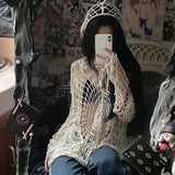 Y2K Hollow Knit Hooded Tops Women Goth Spider Web Spice Girl Mesh Pullovers Female Korean Fashion Fishing Net Sweaters
