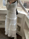 Fairycore White Long Skirt Women Korean Fashion Cute Hook Flower Patchwork Ruffle High Waist A-line Maxi Skirt Mori Girl
