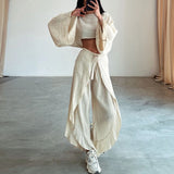 Darianrojas  -  Spring Casual Solid Cotton Linen Suit Summer O Neck Crop Top+Lace-up Ruffle Pants Outfit Sets for Women Flare Sleeve Hollow 2pcs