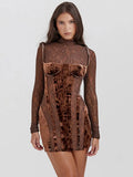 Sexy Lace Velvet Patchwork Mini Dress Women Elegant Stand Collar Long Sleeve Bodycon Dress  Lady Chic See Through Party Robe