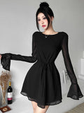 Backless Black Dress Women Elegant Back Hollow Out Lace-up Long Sleeve Mesh Sheer Sexy A-line Mini Dress Evening Party