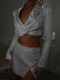 Autumn Sparkle Two Piece Set Women Stand Collar Long Sleeve With Lining Blazer And Mini Skirt Sexy Glitter Dress Set