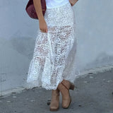 White Lace Midi Skirts for Women Y2k Fairy Grunge Half Skirt E-Girls See-Through Maxi Long Skirt Vintage