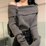 Off Shoulder Tops for women Long Sleeve Elegant Knitted Sweater Sexy Pullovers Y2k Clothing Korean Style White Black Grey
