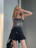 Denim Mini Dress Women Summer Sexy Sweet Pleated Short Mini Dress with Belt Above Knee Slim A-LINE Halter Top Party Dress