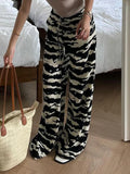 Sweetown Zebra Stripe Knitted Straight Pants Women Drawstring Elastic Waist Casual Loose Baggy Trousers Boho Vacation Outfits