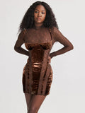 Sexy Lace Velvet Patchwork Mini Dress Women Elegant Stand Collar Long Sleeve Bodycon Dress  Lady Chic See Through Party Robe