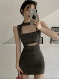 Fake Two Pieces Vintage Slim Women Dress Y2k Aesthetic All Match Halter Knitted Dresses Sexy Hollow Out Solid Fairy Vestito