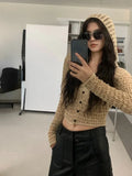 Grunge Thin Hollow Out Vintage Sexy Cardigan Coats Hooded All Match Knitted Sweaters Y2k Women Fashion Casual Crop Tops