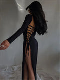 Bandage Dress Women Autumn Long Sleeve O-Neck Sexy Split Maxi Dresses Black Elegant Ladies Lace Up Bodycon Vestidos