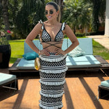 Striped Knitted Beach Skirt Sets Women Sexy Backless Slim Bohemian Outfits Fashion Ruffle Holiday Vacation 2 Piece Set