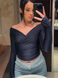 Folds Deep V Neck Shirts For Women Trendy Summer Casual Long Sleeve Tees Women's Sexy Streetwear Clubwear Woman New