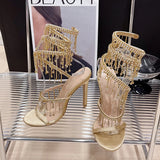 Runway Style Glitter Crystal Tassel Snake Coiled Women Sandals Sexy Stiletto High Heels Summer Fashion Party Prom Shoes