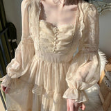 Medieval Romantic French Court Style Dress Womens Spring Flare Sleeve High Waist Elegant Female Dress Vintage Long Dresses