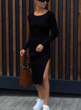 Darianrojas  -  holiday outfits Black Women Knitted Dress with Side Slits Bodycon Autumn Winter Tight Dresses Elegant Long Sleeve Female Ribbed Knit Dress