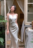 Sexy Sleeveless Satin Mermaid Long Dresses for Women New Summer French Elegant Fashion Slim Solid Tank Evening Party Robe