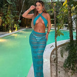 Blue Knitted Beach Outfits Women Sexy Halter Backless Crop Top and Maxi Skirt Sets Summer Solid Bikini Cover Up Two Piece Set