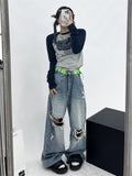 Vintage Y2K Patchwork Green Tshirts Women Hippie Streetwear Long Sleeve T Shirts Female Kpop Retro Autumn Crop Tops