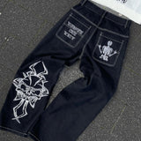 American retro street loose embroidered straight-leg jeans women new casual all-match high-waist mopping wide-leg trousers