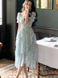 French Chiffon Print Midi Dress for Women New Summer Elegent Party Blue Floral Vestidos Holiday Vintage Female Clothes