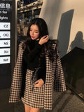 Autumn Winter Plaid Woolen Blazer Office Ladies 2 Piece Set Korean Long Sleeve Suit Coat And High Waist A-line Mini Skirt Outfit