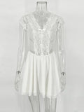 Sexy Elegant Lace Splice See Through Folds Dress For Women V Neck Short Sleeve Mini White Bodycon Dresses Party Putfits