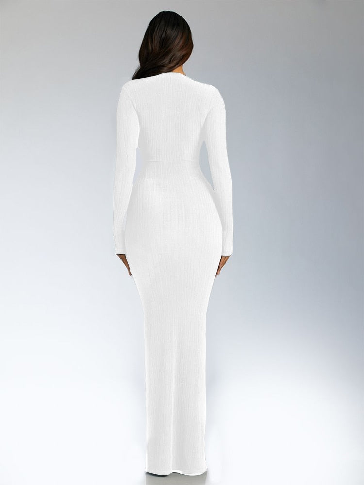 Long Sleeve Maxi Dress Women Elegant White Long Dress Summer Deep V-neck Sexy Black Evening Party Dress Club Outfit  Fashion