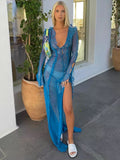 Summer Beach Dress Women Elegant Bandage Ruffles Slim Maxi Dress  Sexy Blue Long Sleeve Evening Party Dress Club Outfits