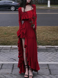 Autumn Red Vintage Elegant Dress Women Flare Sleeve Designer Sweet Long Dress Female Ruffles Retro Princess Irregular Dress