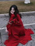 Autumn Red Vintage Elegant Dress Women Flare Sleeve Designer Sweet Long Dress Female Ruffles Retro Princess Irregular Dress