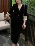 French Black Vintage Dress Women Korean Fashion Designer Elegant Midi Dress Female High Waist Slim France Party Dress Autumn New