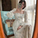 Darianrojas One Piece Dress Korea Fairy Floral Midi Dress Women Puff Sleeve Elegant Vintage Dress Female Party Dress Office Lady Summer