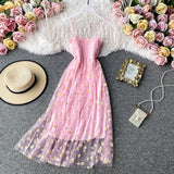 Summer Beach Mesh Floral Dress Women Vintage Elegant Sexy Beach Sundress Woman Party Night Korean Kawaii Vestidos