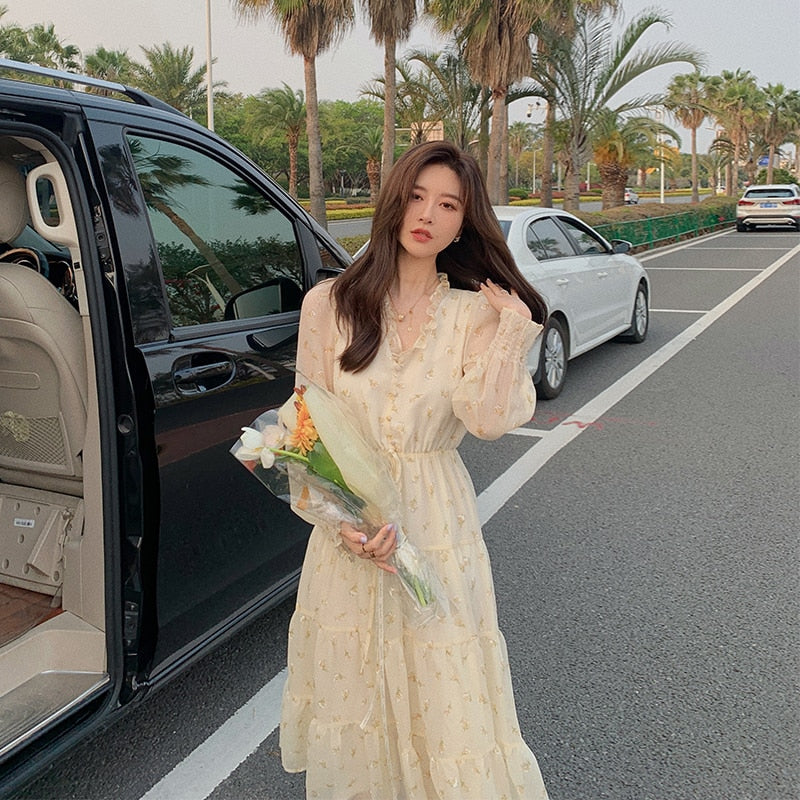 V-neck Elegant Sweet Dress Women Long Sleeve Chiffon Floral Dress Party Beach Dress for Females Korean Style  Summer Chic