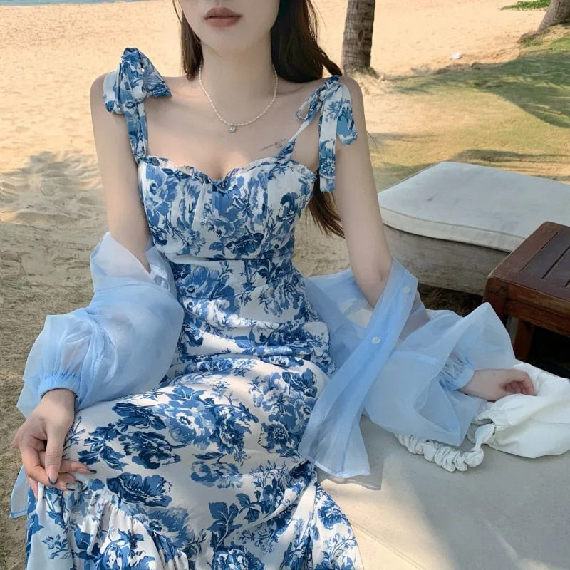 Darianrojas French Summer Vintage Floral Women Dress Midi Sleeveless Backless Y2k Fashion Blue Boho Party Bodycon Dress Chic Beach Dresses