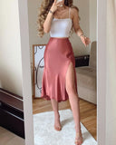 Solid Satin Midi Split Button Skirt Women Summer Pink Elegant Vintage Y2k Zipper Higt Waist Simple Casual A Line Long Skirts