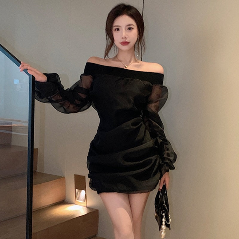 Darianrojas Slash Neck Mesh Pleated Dress Women High Waist Autumn Mini Party Dress Korean Off Shoulder Black Apricot Vintage Sexy