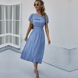 Spring Summer Sweet Solid Dress Women Puff Short Sleeve O Neck High Waist Casual Long Dresses Ladies Holiday Style