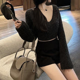 Korean Style Knitted Cropped Sweater Women Solid Slim Sexy Jumper Female Oversize V-neck Luxury Elegant Pullover Autumn