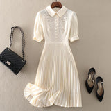 Vintage Embroidered Pleated Dress Women Summer Chic Sweet Short Sleeve Midi Party Dress Elegant Slim Waist A-Line Dresses