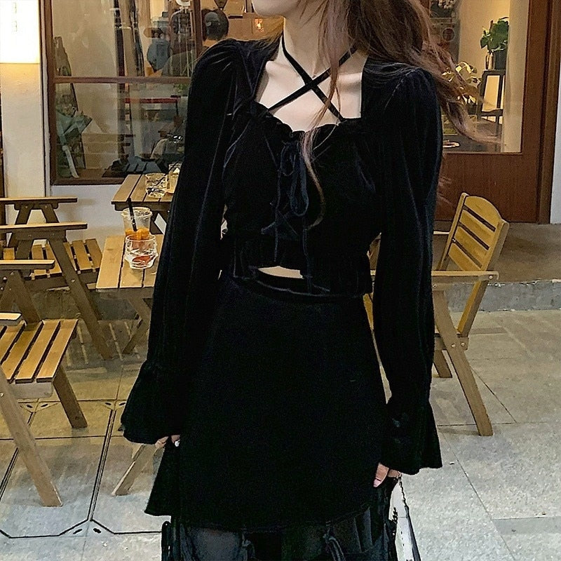 Winter Velvet Y2k Midi Dress Women Casual Black Vintage Dress Gothic Long Sleeve Bandage Elegant 2 Piece Set Dress Korean