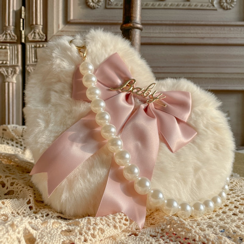 Darianrojas Original Lolita Love Heart Plush Hand-Carrying Bag Bow Cute Pearl Chain Plush Bag JK Bag