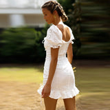 Women Summer Casual Boho Tie Up Solid Dress Bodycon Party Beach Dresses Sundress Ruffles White Cotton Dress Vestidos