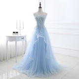 Darianrojas Light Blue Prom Dresses Long Sexy Sweetheart A-Line Tulle Lace Applique Beaded Crystal Women Formal Party Gown
