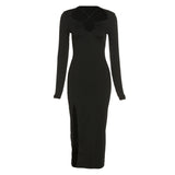 Y-L Fall Women's Black Color Tight Dresses Sexy Hollow Out Side Split Long Sleeve Bodycon Maxi Dress Party Club Streetwear