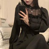 Darianrojas Gothic Black Y2k Dress Women Autumn Casual Lace Long Sleeve One Piece Dress Korean Evening Party Elegant Midi Dress Female