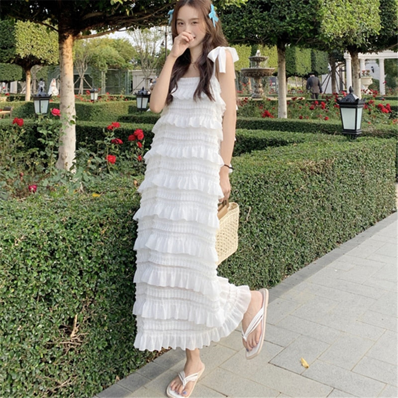Long Dress  Summer Fashion New Loose High Waist Strap Sleeveless Black Strapless Maxi Dresses Fairy Trendy White Cake Skirt