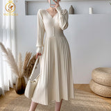 SMTHMA New Autumn Winter Knit Long Dress Women Casual Sexy V-Neck Slim Sweater Dresses Robe Office Lady Clothing