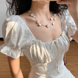 Summer French Boho Tie Neck Mini Sexy White Women Dress Elegant Puff Sleeve Y2k Casual Party Beach Square Light Dresses Robe